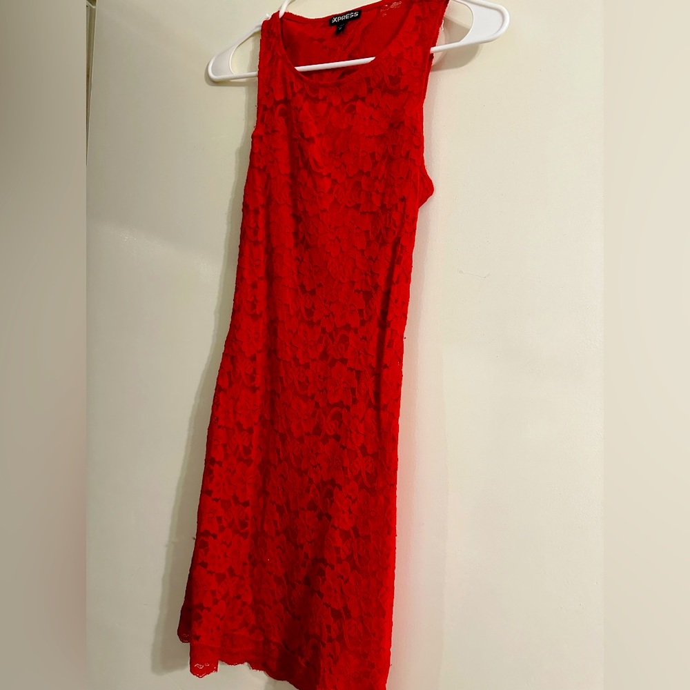 Express red lace cutout back dress